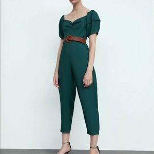 NWT Zara Belted Jumpsuit Puff Shoulder Green Color